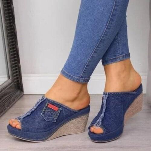 New Brand Hot Womens High Heels Fashion Denim Slippers Women Wedge Heel Toe Platform Shoes Large Size 35-43 Zapatos De Mujer