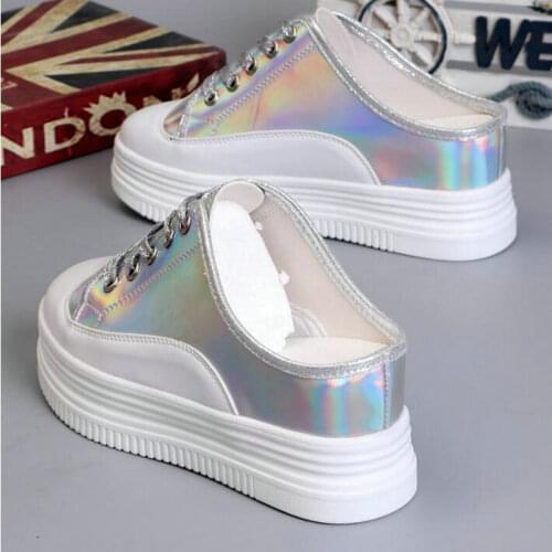 Woman Sneakers Platform Casual Increase Zapatillas Mujer flats Femme wedges Laser Bling half slipper shoes high heel 8CM A11-14