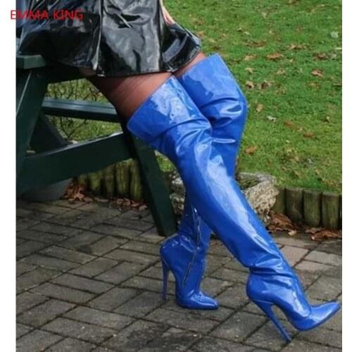 New Fashion Blue Over The Knee Boots Women Winter Patent Leather High Heels Thigh High Boots Party Pointed Toe Long Boots Shoes