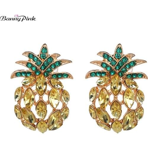 Banny Pink Cute Fruit Pineapple Studs Earrings For Women Chunky Geo Rhinestone Statement Pendant Post Earrings Drop Shippings