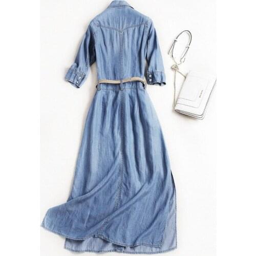 Women Summer Long Denim Dress Preppy Casual Single Breasted Midi Dress Pockets High Waist Lapel Collar Sashes Slim Fit Dresses