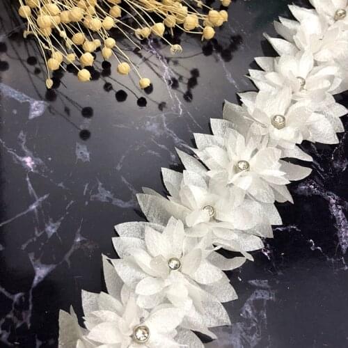 1 yard White 3D Flower Pearl Diamond Lace Trim Applique Trimming Lace Ribbon Patches Embroidered Fabric Sewing Craft Handmade DIY Wedding Decoration