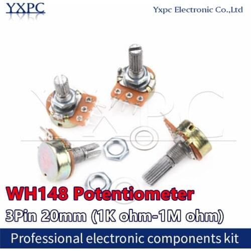 100pcs WH148 B1K B2K B5K B10K B20K B50K B100K B500K 3Pin 20mm Shaft Amplifier Dual Stereo Potentiometer 1K 2K 5K 10K 50K 100K 1M