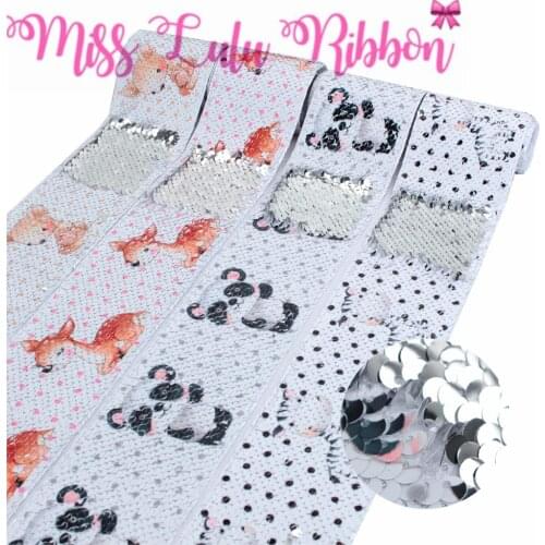 3"75mm Animal Series Panda Double Reversible Silver Sequin Ribbon DIY Party Gift Bowknots Hair Band 46yards/roll