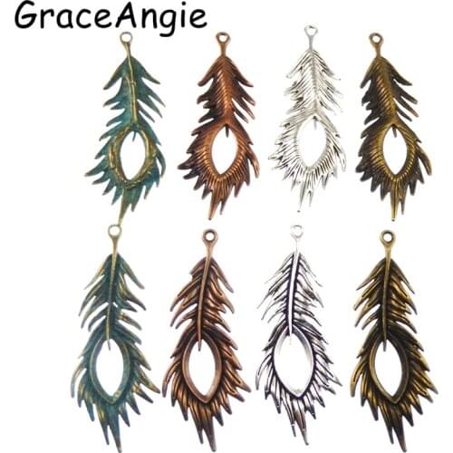 4Pcs Bohemia Women DIY Mix Peacock feathers Necklace Pendant Vintage Alloy Bracelet Charms 67*28mm Jewelry Accessories Crafts