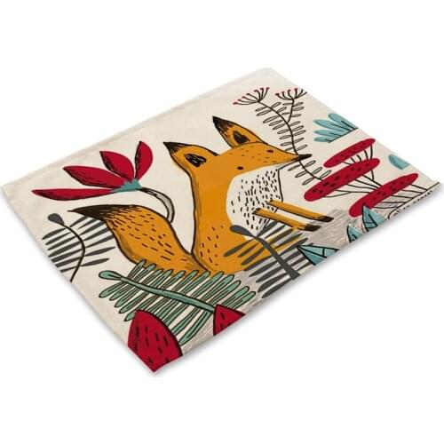 42*32cm Cute Fox Pattern Placemat Cartoon Dining Table Mat Tea Coaster Cotton Linen Pad Cup Mats Home Decor