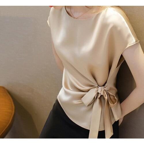 Dan Language Acetate Short-sleeved T-shirt Womens European Womens 2021 New One-shoulder Satin Chiffon Silk Ski Shirt Tie Top