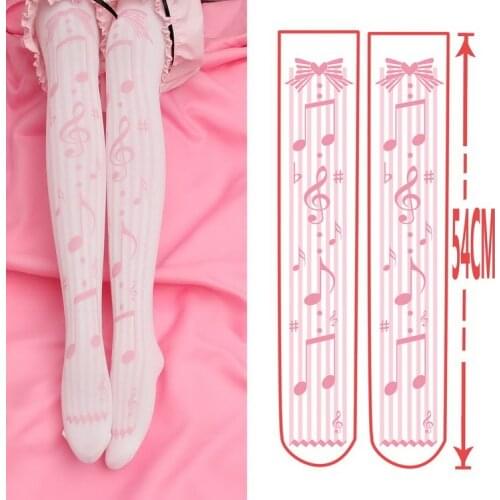 Adomoe High Quality Women Thigh High Stockings Female Music Note Print Princess Cute Sweet Girls Pretty 100D Lolita Stockings