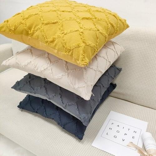 Couch Decorative Throw Pillow Case Rhombic Jacquard Pillowcase Floral Tassels Square Cotton Linen Cushion Cover for Sofa Bedroom