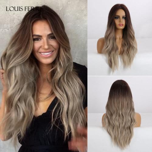 LOUIS FERRE Long Ombre Black Brown Wavy Wigs Hightlight Natural Middle Part Synthetic Wig for Women Cosplay Heat Resistant Hair