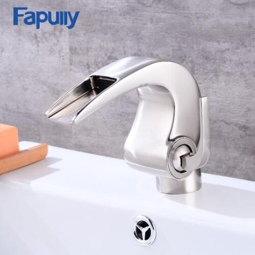 Fapully Luxury Brushed Nickel Brass Bathroom Waterfall Faucet Set Nickel Brush Bathroom Basin Mixer Tap 514-11N