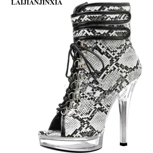 LAIJIANJINXIA New Sexy Womens Boots 13 Cm Super High Heels Lace-Up Ankle Boots Transparent Soles Model Pole Dancing Shoes