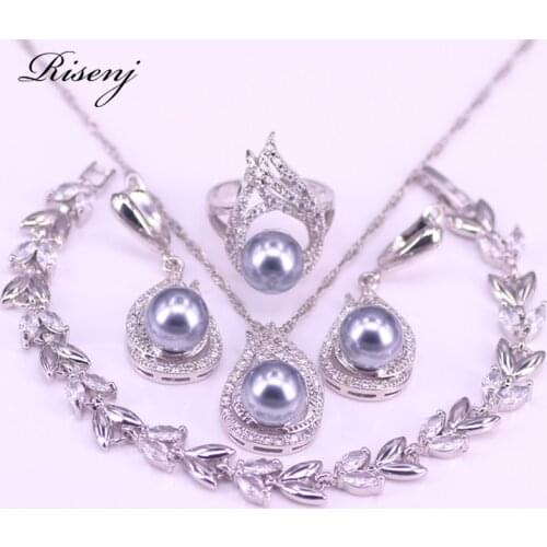 Many Colors Gray Freshwater Pearl Silver 925 Jewelry Set For Women Earrings Ring Necklace With Bracelet Set