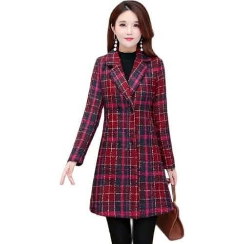Autumn Winter Jacket Women 2021 New lattice Wool Coat Middle-aged Female Woolen Coat Outerwear Mid-length Loose Ladies Wool Coa