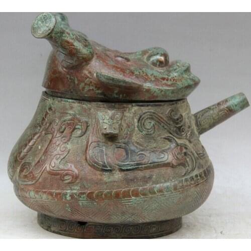 Song voge gem S2196 12" Old Chinese Bronze Beast Human Face Head Water Vessel Wine Tea Pot Flagon