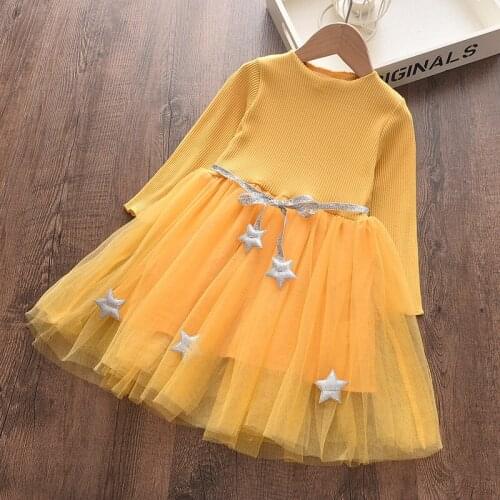 Baby Girls Long Sleeve Dresses New Kids Girl Five-Pointed Star Spring Costumes Chidlren Sashes Tulle Vestidos For 2-6Y