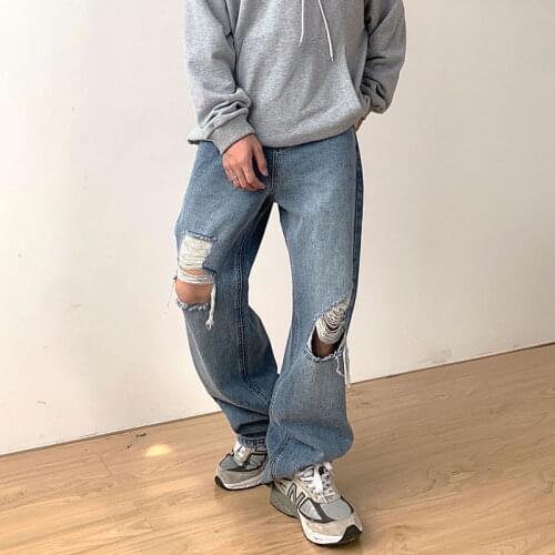Ripped Jeans for Men Loose Straight Jeans Men Distressed Design Women Oversized Jeans Pants Hip Hop Dancer Streetwear Clothes