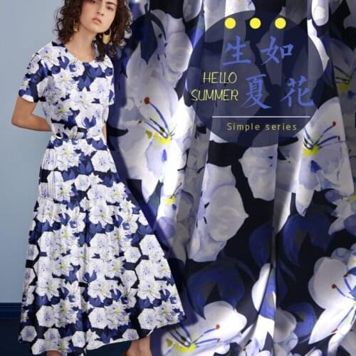 PRINTED SILK STRETCH SATIN 118cm width 19momme Pure Silk Fabric Summer Dress Soie Fabrics Navy Blue Color