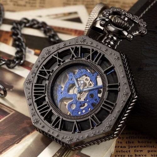 Hexagonal Mechanical Pocket Watch Golden Sliver Bronze Hollow Fob Chain with Box Men and Women Lady Watches Mens Vintage Gifts