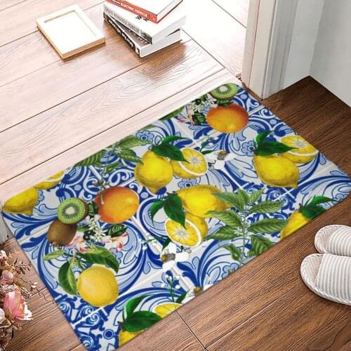 Mediterranean Lemon On Blue Ceramic Tiles Doormat Carpet Mat Rug Polyester Anti-slip Floor Decor Bath Bathroom Kitchen 40x60
