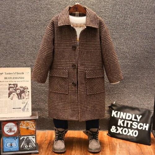 Age For 2T-12 Year Kids Boys Fashion New Long Jacket Coats Warm Woollen Outwear Autumn Winter Plaid Baby Boys Clothing 2 Colors