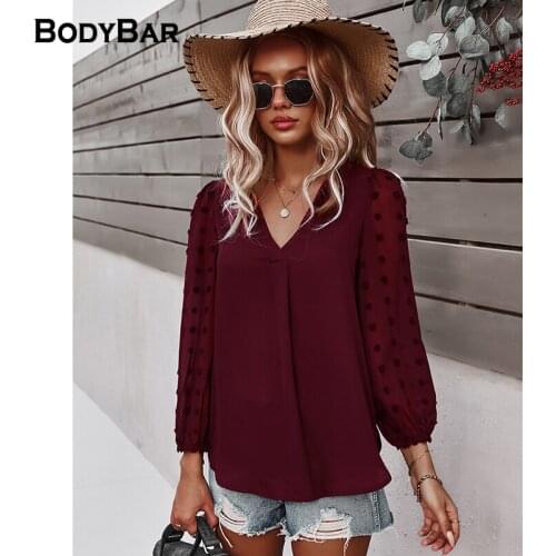 Red Wine Button Ladies Shirt Long Sleeve Embroidered Solid Color Tee Spring Casual Chiffon Blouse Loose V Neck Basic Top Blusas