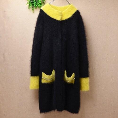 Ladies women fashion black hairy plush mink cashmere colored slim cardigans angora fur fall winter jacket coat long sweater pull