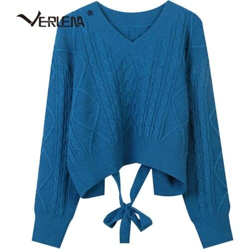 Back Hollow out Lacing up Jumper Pullovers Long Sleeve V-Neck Cable Pattern Soft Sweater Women VERLENA 2021 Spring Autumn New
