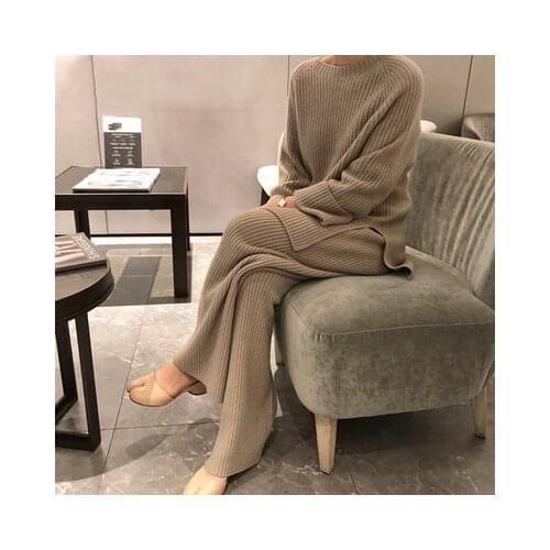 New Fashion Winter 2021 Womens Thicken Warm Knitted Pullover Sweater Two-Piece Suits+High Waist Loose Wide Leg Pants Set