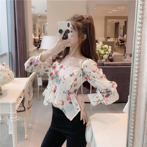 Female Tops, Girls Floral Print Square Neck Long Sleeve Pullover Short Shirt for Summer Autumn