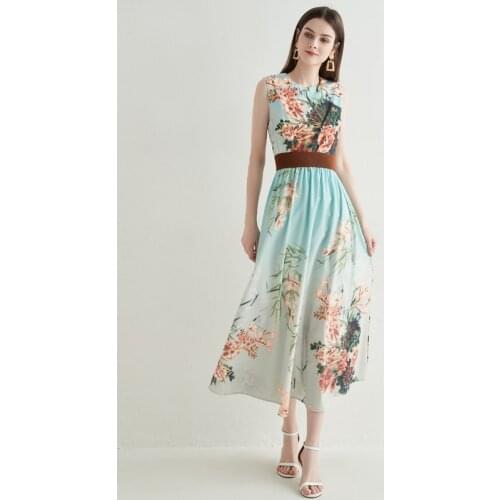 High Quality Runway Summer Tank Holiday Maxi Dress Elegant Women Flower Print Chiffon Sleeveless Long Ball Gown Dress With Belt
