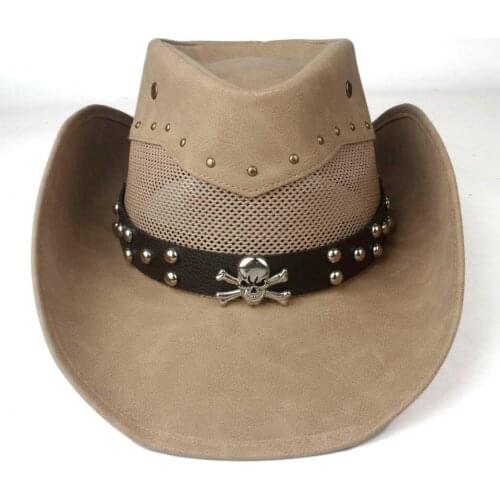 100% Leather Men Women Mesh Western Cowboy Hat Wide Brim Hat Outdoor Sombrero Hombre Cowgirl Hat Ghost