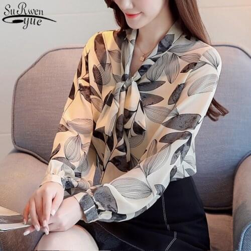 2021 Elegant Bow Printing Shirt Women Autumn Women Office Button Cardigan Ladies Tops Floral Long Sleeve Chiffon Shirt 10748