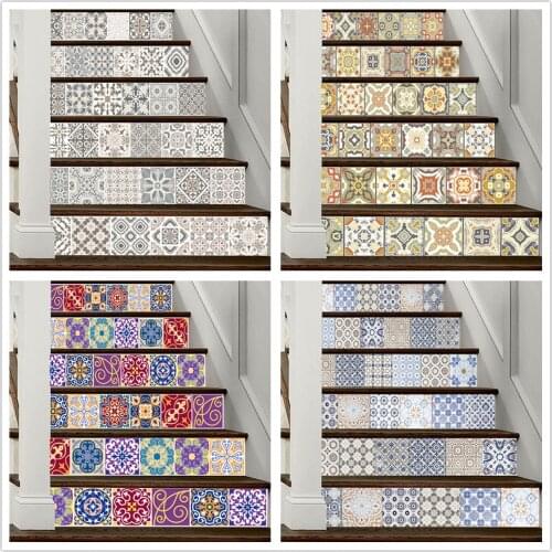 6pcs/set Arabian Mosaic Tile Style Stairs Decorative Stickers Corridor Staircase Mural Self Adhesive Decals For Home DIY Decor