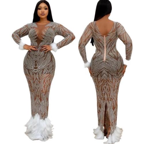 Shining Full Rhinestones Mesh Long Dress Celebrate Feather Transparent Dress Dance Wear Womens Birthday Party Dress