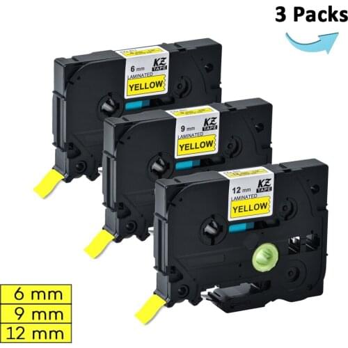 CIDY 3Pcs tze611 tze621 tze631 6mm 9mm 12mm black on yellow tze-631 Tze Label Cartridge For Brother P touch PT-E500W PT-E100B