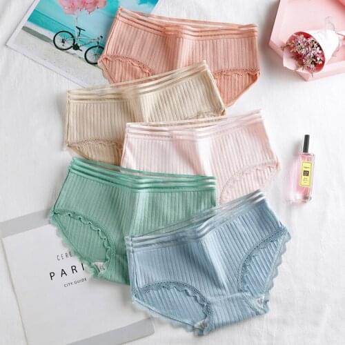 Elifashion Thread Cotton Vertical Stripes Lace Underwear Women Pure Cotton Low-rise Solid Color Briefs