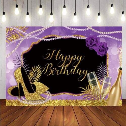 Sweet Purple Rose Birthday Backdrop Shiny Glitter High Heels Champagne Adults Women Lady Party Photo Background Studio Booths