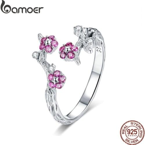 BAMOER 100% 925 Sterling Silver Winter Blooming Plum Flower Open Size Rings for Women Wedding Engagement Jewelry BSR022