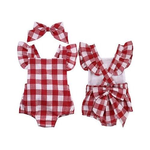 Newborn Infant Baby Girl Checks Body Dark Red Floral Romper Jumpsuit Outfits Cotton Sunsuit Clothes