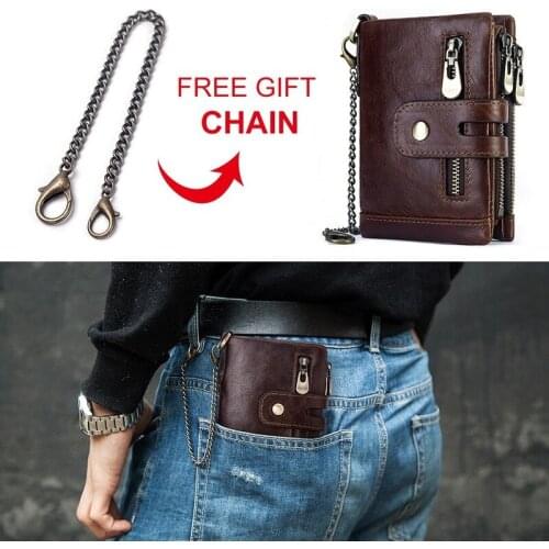 RFID anti-theft swipe Genuine Leather Men Wallet Coin Purse Small Mini Card Holder Chain PORTFOLIO Portomonee Male Mini Walet