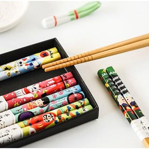 Reusable 5 Pairs Set Handmade Chopstick Bamboo Japanese Natural Wood Chopsticks Sushi Food Tumbler Flower Wooden Chop Sticks NEW