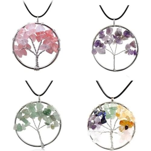 Natural Raw Stone Life of Tree Necklace Gemston Copper Wire Long Necklace With PU Cord