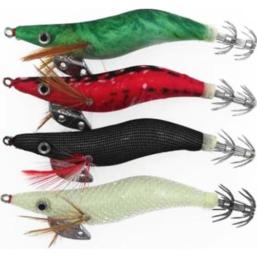 New Wood Shrimp Fishing Lure 4Pcs Luminous Squid Jigs 10cm 11g Octupus Lures Cuttle Umbrella Hook White Black Red Green