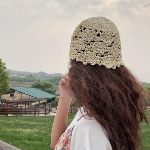 202103-YZ new Korean style summer hollow out knitting paper straw holiday lady sun bucket cap women leisure hat