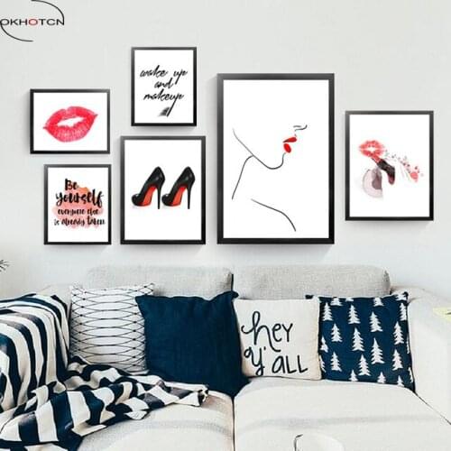 OKHOTCN Red Lips Canvas Painting Fashion Makeup Picture Wall Art Print Poster Painting Be Yourself As If Quotes Art Prints