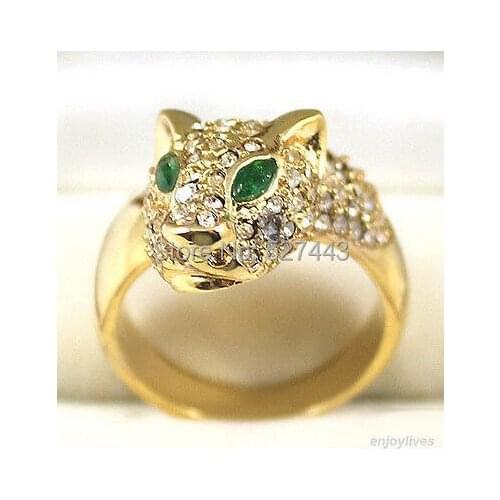 Wholesale FREE SHIPP >Green Cubic Zirconia Eyes Crystal Yellow stone Tiger Ring Size: 7.8.9