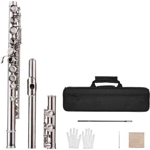 Western Concert Flute Silver Plated 16 Holes C Key Cupronickel Woodwind Instrument with Cleaning Cloth Stick Gloves Mini Bag