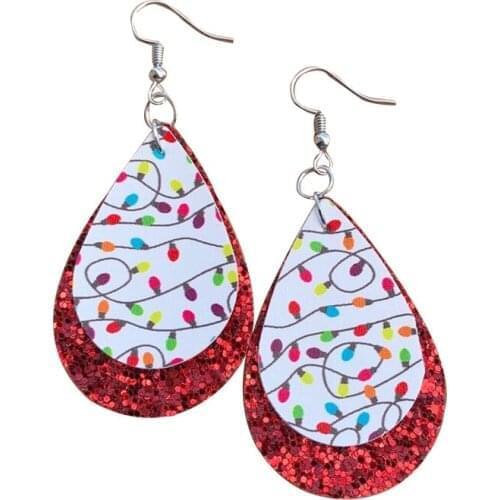 Christmas Grinch Glitter Faux Leather Earrings Layered Lights Lightweight Leaf Teardrop Earrings Gifts Holiday Earrings Stock