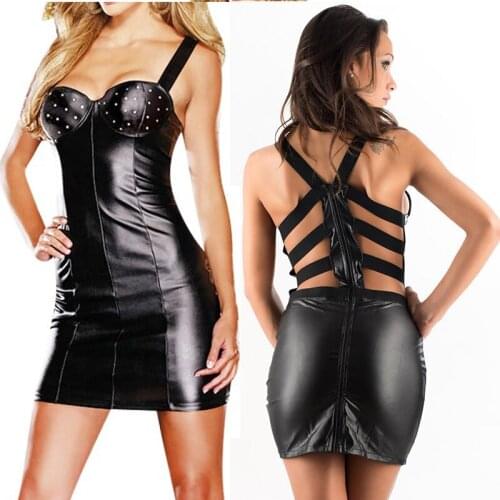 Sexy Leather Dress Ladies Fashion Black Spaghetti Strap Dress Women Club Dress Vinyl Bodycon Evening Mini Backless Party Dresses